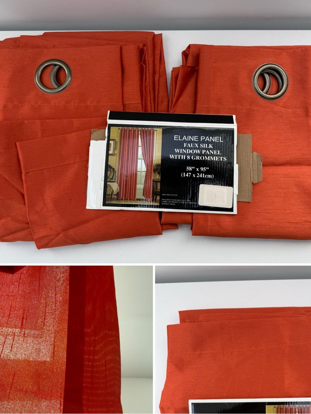Elaine Faux Dupioni Silk Orange Bronze Grommet Window Curtain 2 Panels